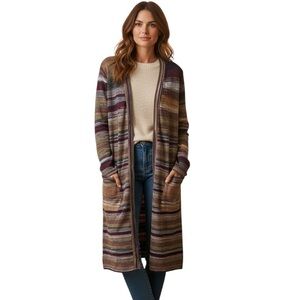 Two Sisters Medium Earth Tone Neutral Stripe Cardigan Linen Blend Lagenlook